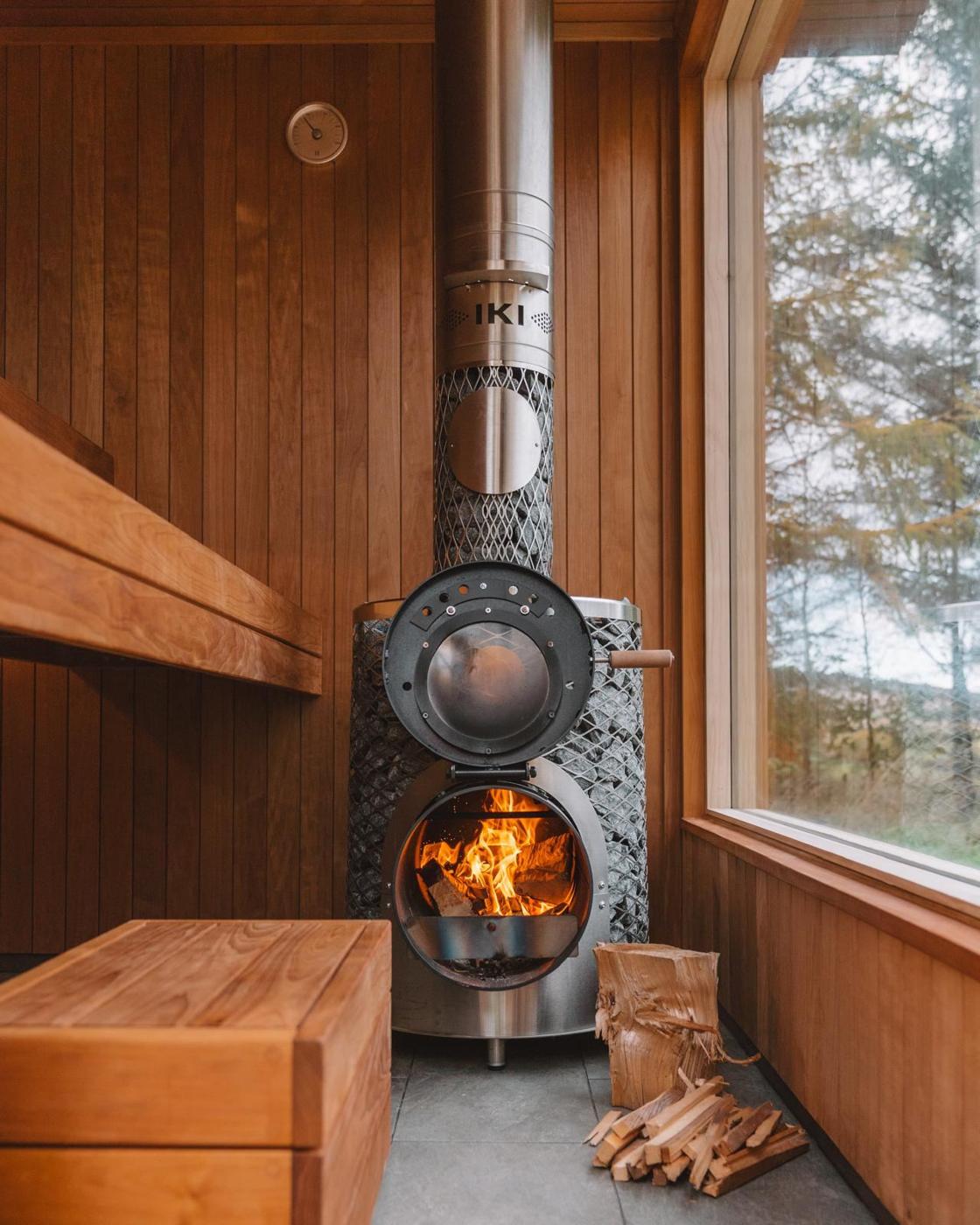 Sauna interior with wood-fired stove